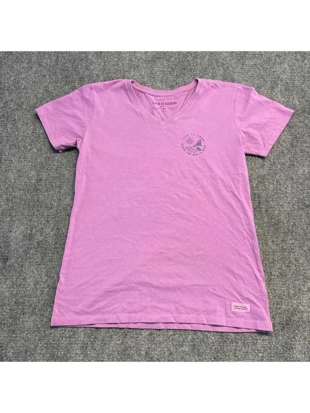 Life is Good Crusher Tee Women's Medium Pink V-Neck Short Sleeve Graphic T-Shirt